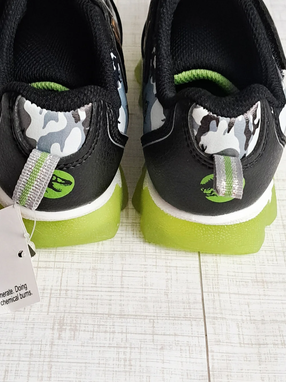 Jurassic World Kids Light Up  Black & Green Camo Dino Slip-On Sneakers